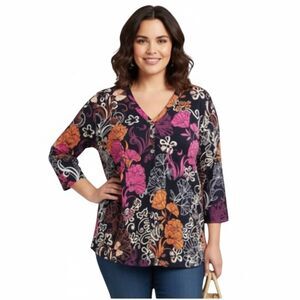 Chicos Size 2 LARGE V-neck 3/4 sleeve vivid floral print Cotton Tunic Top Black